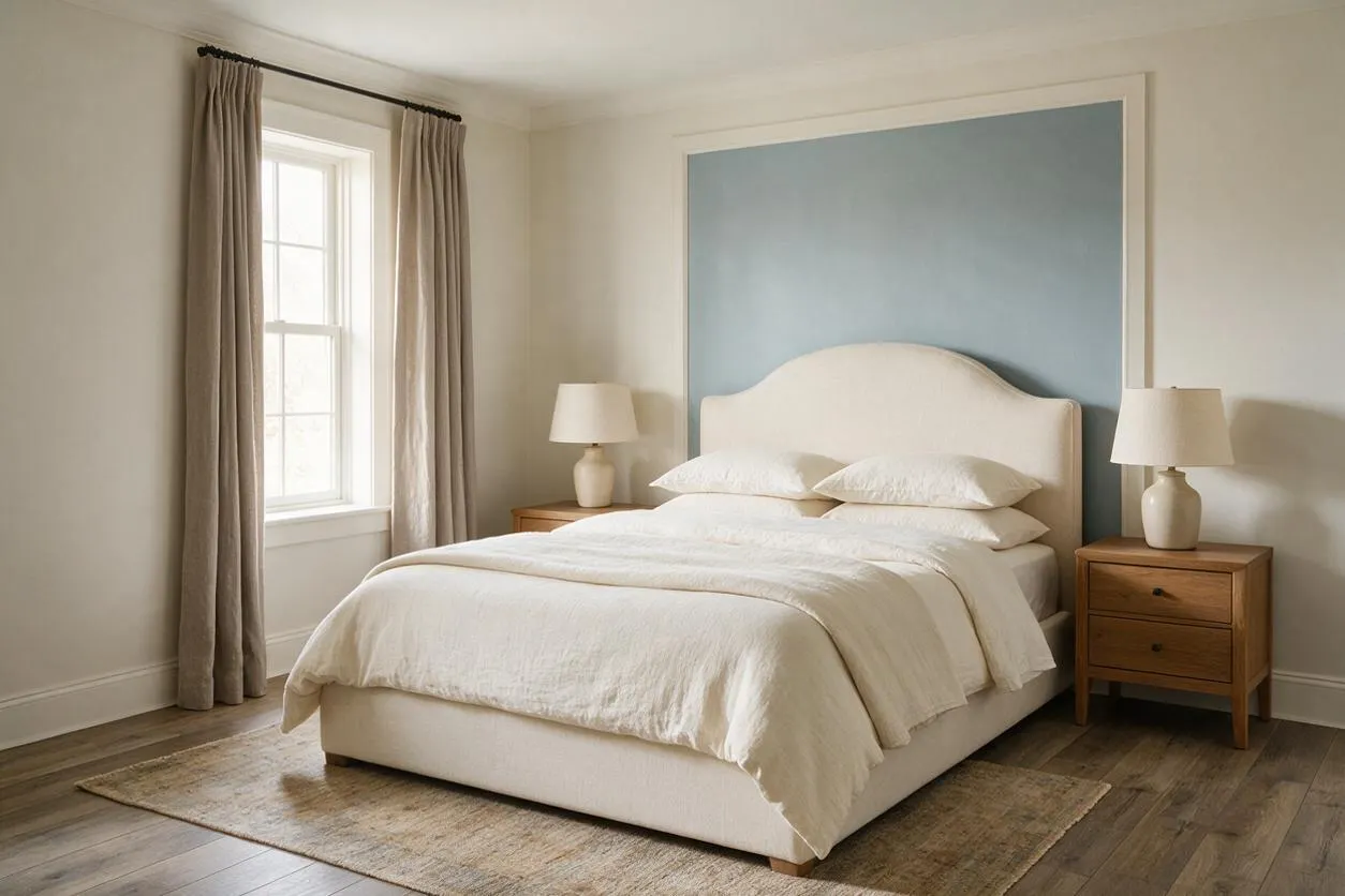 A bright guest bedroom with a cream upholstered bed centered against a soft blue accent wall framed in white trim. Matching wooden nightstands with ceramic table lamps flank the bed, while floor-length taupe curtains cover a tall window and a neutral rug sits over wood flooring.