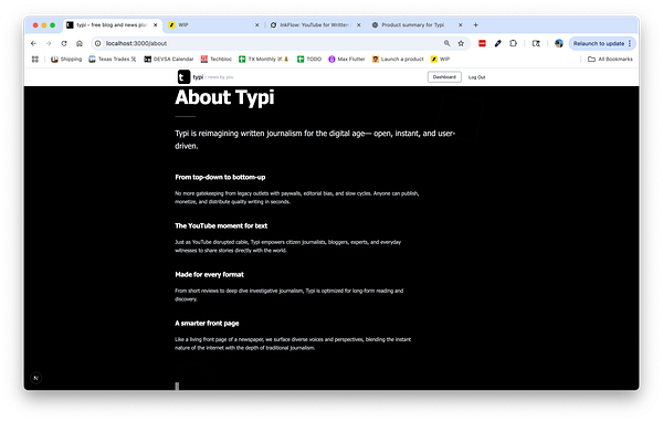 The image displays a webpage titled 'About Typi' that outlines the platform's mission and features.