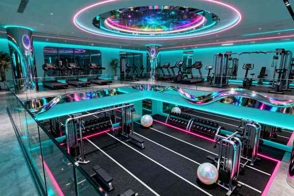 A two-level home gym glows with teal and pink LED lighting, crowned by an oval ceiling featuring a galaxy image. The upper mezzanine holds treadmills, bikes, and strength machines behind glass balustrades, while the lower floor shows black rubber track-style lanes, dumbbell racks, chrome cable machines, benches, pearlescent exercise balls, full-height mirrors, and reflective metal columns, creating a futuristic, immersive workout space.