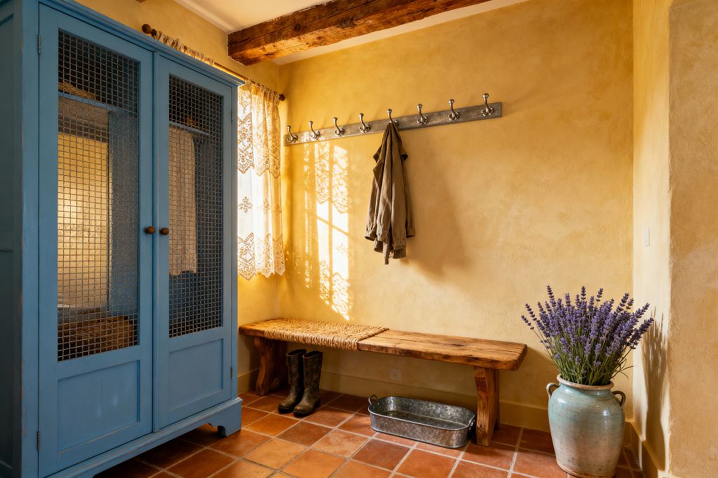 A sunlit French Country mudroom with warm ochre plaster walls, terracotta floor tiles, and an exposed wood beam. On the left stands a sky-blue armoire with metal wire-mesh doors; a window with cream lace curtains filters light. Along the wall, a rustic wood bench sits under a galvanized metal coat rack holding jackets, with muddy boots and a zinc tub below. A large glazed ceramic urn filled with lavender stands at right, completing the relaxed, practical entry space.