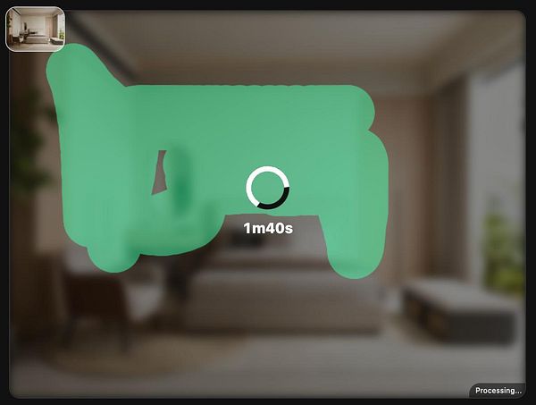 A digitally rendered interior featuring a modern living room with a sectional sofa, armchairs, decorative pillows, a wall-mounted TV, and a colorful framed painting above the sofa.