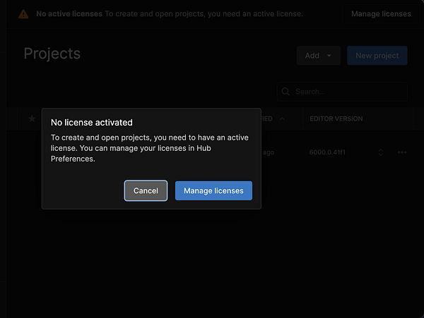 The image displays a Unity Hub interface indicating that no active license is available.
