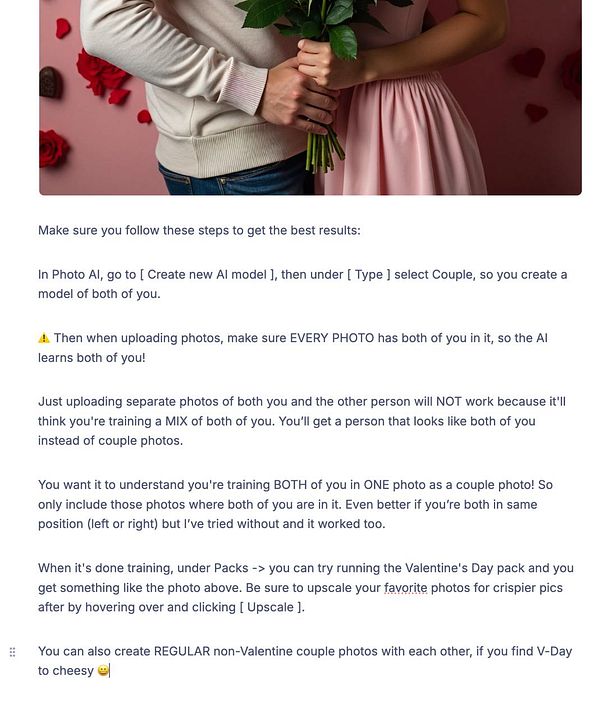 A couple is holding a bouquet of flowers in a romantic setting, accompanied by instructions for using a photo AI tool.