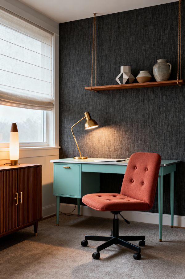 Home office featuring a teal mid-century desk and brass lamp against a dark charcoal textured wall, with a rust upholstered swivel chair on soft gray carpet. A fluted walnut cabinet holds a frosted glass accent lamp beside a window with a white linen Roman shade, while a rope-suspended walnut shelf above the desk displays ceramic vases, balancing natural light with warm brass illumination.
