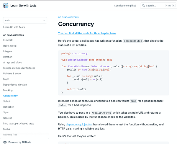 The image displays a section from a programming tutorial on concurrency in Go, featuring code snippets and explanations.