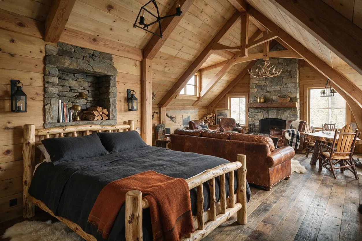 A rustic studio apartment with a log-framed bed in the foreground, dark bedding, and a stone accent wall with lantern-style sconces. The open space includes leather seating, a dining nook, exposed timber beams, wood plank walls and floors, and a large stone fireplace under a vaulted ceiling.
