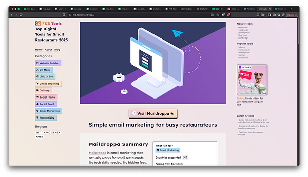 The image displays a webpage for Maildroppa, a digital tool for small restaurants, featuring a modern design and various sections for navigation and information.