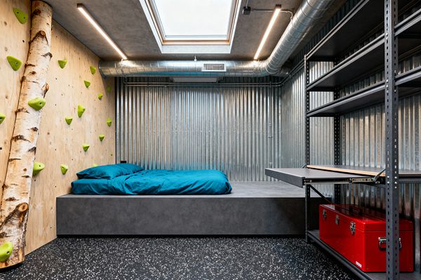 A kids’ room in industrial style features corrugated metal walls and exposed round ductwork under a skylight. A low gray platform bed with teal bedding sits against a plywood climbing wall dotted with bright lime-green holds beside a birch tree trunk. To the right, a black metal shelving unit with a fold-down desk stores a red toolbox. A black rubber floor with white speckles and linear LED ceiling strips complete the space.