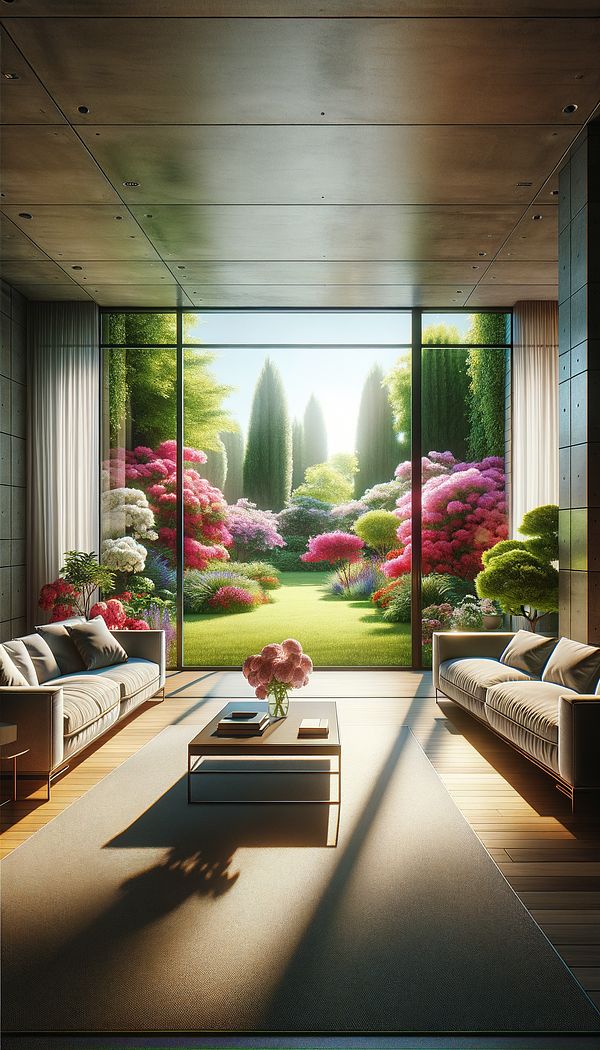 A well-lit living room showcasing a beautiful garden view through large windows, with the furniture arranged to frame this vista perfectly.