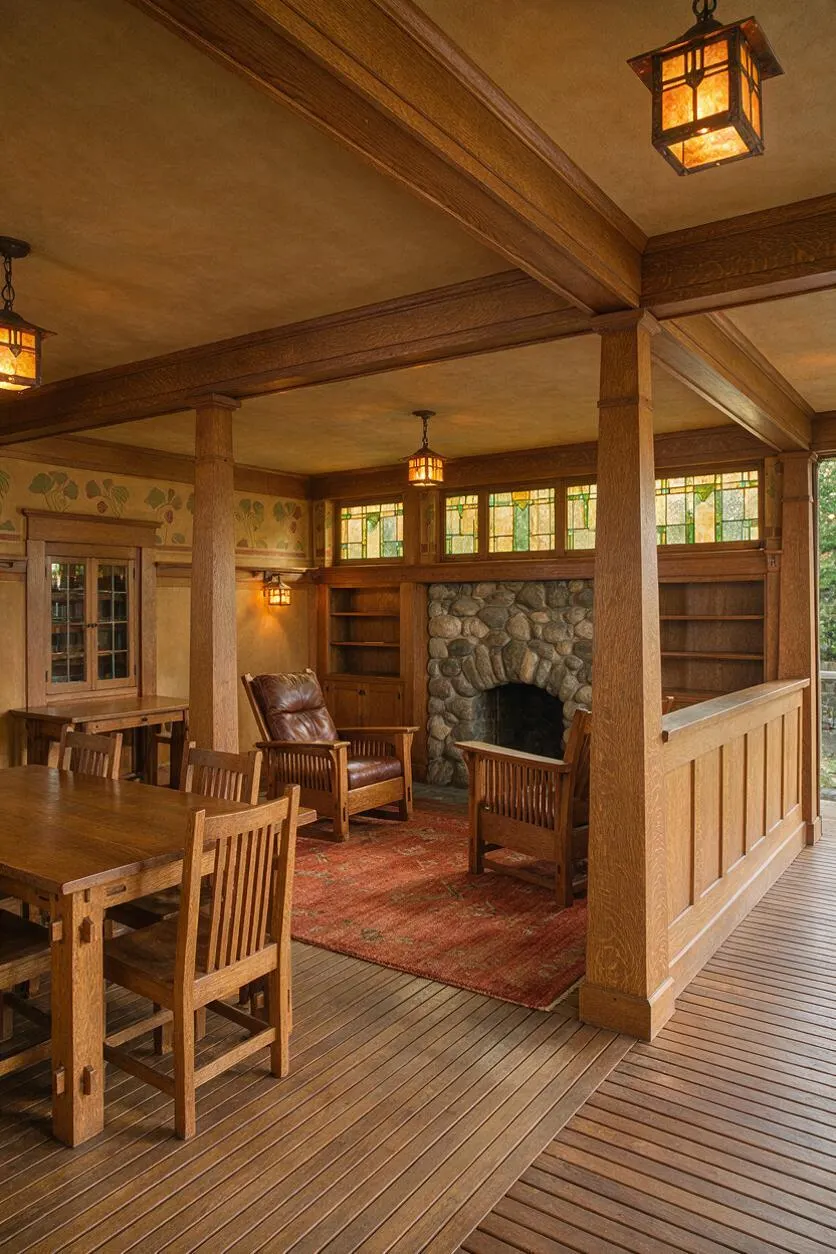 A covered Craftsman-style backyard porch with exposed wood beams, square posts, a stone fireplace, stained wood furniture, and amber lantern lights. Stained glass transom windows and a muted red area rug add warmth to the natural wood deck and cozy outdoor living space.