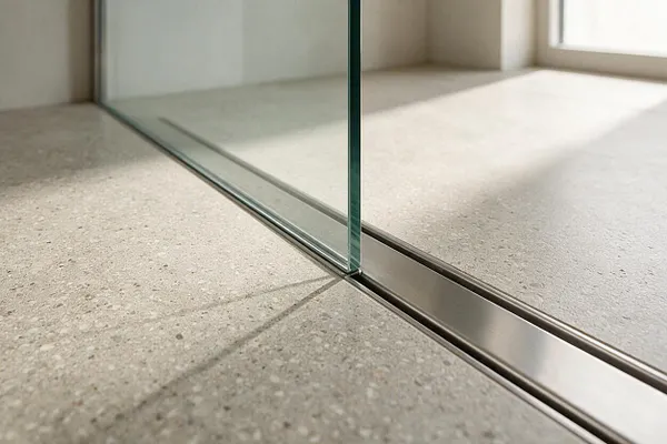 A close-up view of a modern interior showing a frameless glass panel set into a brushed metal floor track. The surrounding surface is a light speckled stone or terrazzo floor, with soft natural light creating clean reflections and shadows.