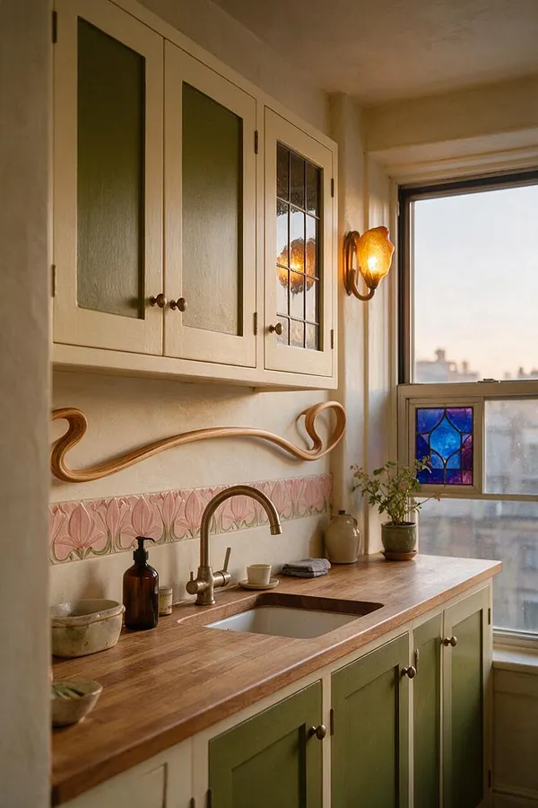 A narrow kitchen with cream upper cabinets and olive-green lower cabinets, a butcher-block countertop, and a brass faucet over a single sink. Art Nouveau details include a pink floral tile border, a flowing wooden wall accent, a stained-glass cabinet panel, and a glowing amber wall sconce beside a large window.