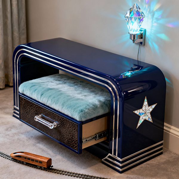 A kids' storage bench in glossy navy lacquer with rounded Streamline corners and chrome bands sits against a light gray wall. An aqua faux-fur cushion rests above a half-open drawer with a dark textured front and clear acrylic rod handle, while a diamond-shaped crystal wall sconce casts prismatic blue light near an inlaid star motif; a small wooden toy train and track lie on pale carpeting below.