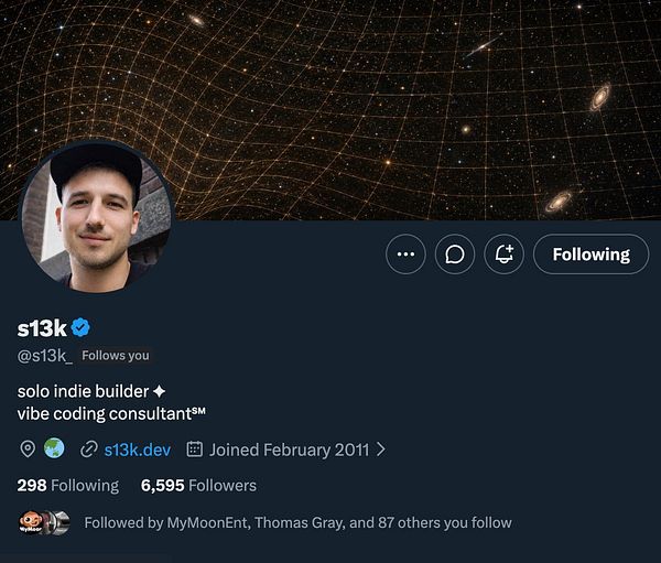 Screenshot of a Twitter page showing the profile of user @s13k_ with several tweets related to Vibe Jam, and the Twitter interface with navigation and tweet composer elements.
