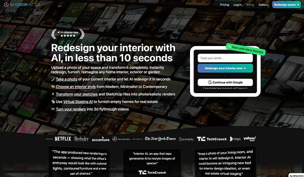The image displays a promotional webpage for an AI interior design application.