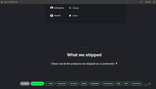 The image displays a webpage from commit365.dev focused on community product shipments and user accountability.