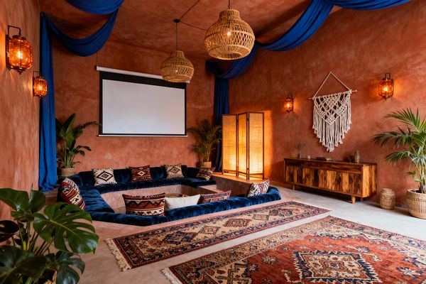 A bohemian media room with terracotta plaster walls centers on a sunken indigo velvet sectional facing a white projector screen. Layered kilim rugs span a pale concrete floor, and patterned cushions line the seating. Warm light comes from rattan pendant fixtures, amber glass wall sconces, and a backlit cane room divider. A macramé wall hanging and richly grained wood credenza anchor one wall, while palms and monstera plants in woven baskets add greenery.
