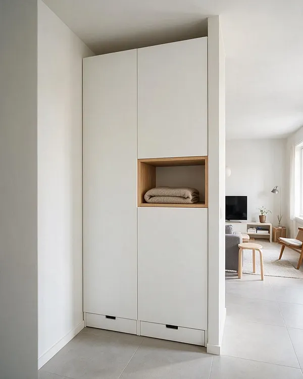 A minimalist built-in closet with flat matte white doors and a warm wood open niche holding folded towels. The closet is set into a wall alcove with small bottom drawers and black cutout pulls, beside a bright living area with light flooring and neutral furnishings.