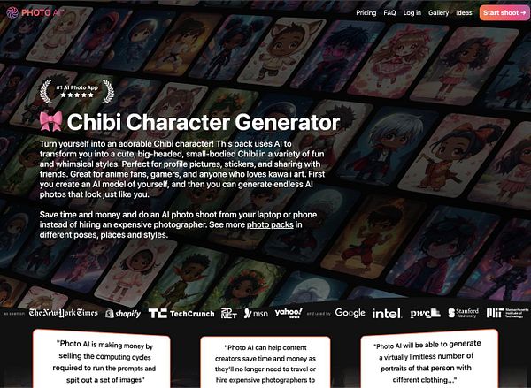 The image promotes a Chibi Character Generator app that uses AI to create cute, cartoon-style avatars.