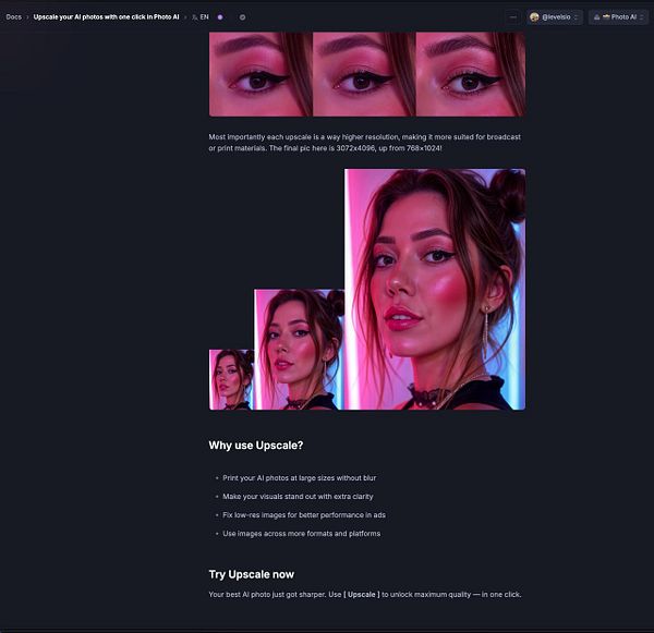 The image showcases a promotional graphic for the 'Upscale' feature in Photo AI, highlighting its benefits with visual examples.