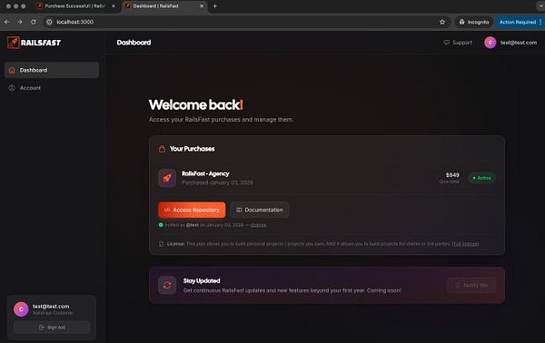 Dashboard interface for managing customer invites and purchases in a web application.