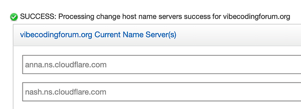 The image displays a successful update notification for the name servers of the domain vibecodingforum.org.