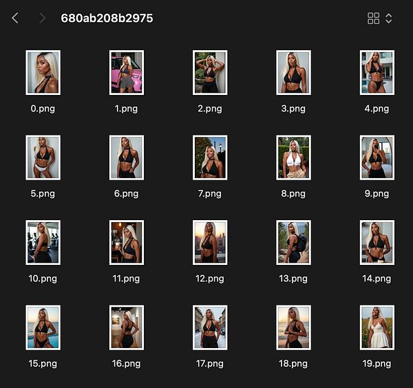 A grid of high-resolution images featuring a female influencer with blonde hair in various outfits and poses.