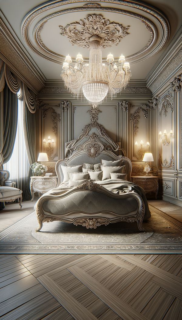 A luxurious bedroom featuring a French bed with curved lines and richly carved details, complemented by elegant bedding and decorative pillows. The room has a romantic and opulent atmosphere, with a chandelier adding to the ambiance.