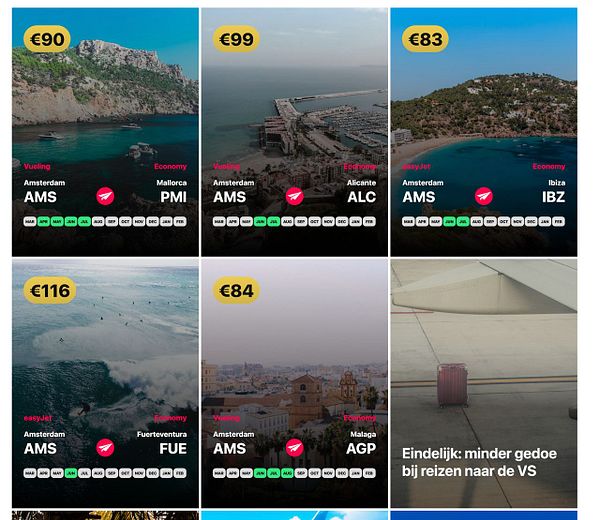 The image displays a grid of travel deals featuring various destinations and prices.