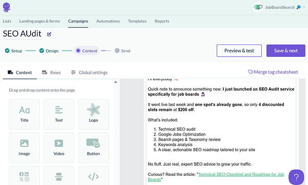 The image displays a digital interface for creating an email campaign announcing a new SEO Audit service for job boards.