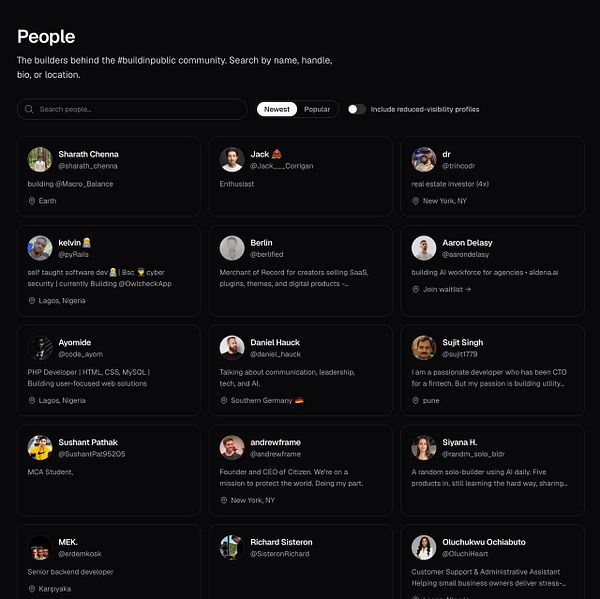 A user interface design of a people page with a search bar and a list of user cards shown in a grid layout.