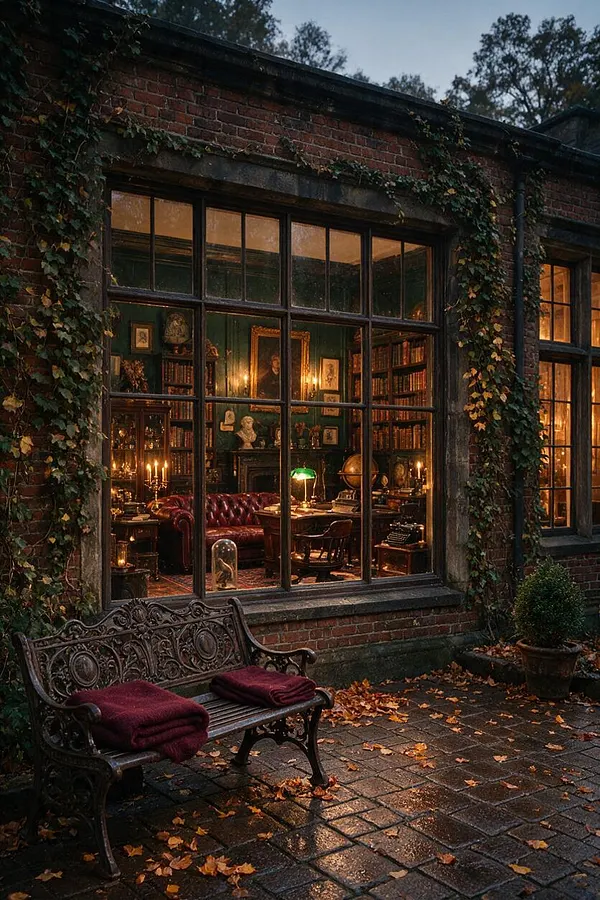 An ivy-covered brick exterior with large mullioned windows reveals a warm, book-lined study inside. In the foreground, a wrought-iron bench with burgundy blankets sits on wet stone paving scattered with autumn leaves, while candlelight and green-shaded lamplight create a moody Dark Academia atmosphere.
