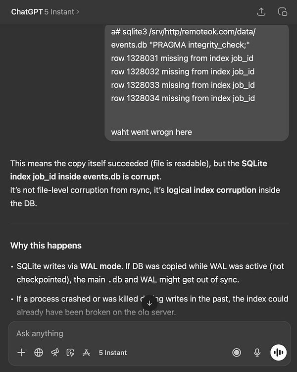 The image displays a technical discussion about a corrupted SQLite database index.