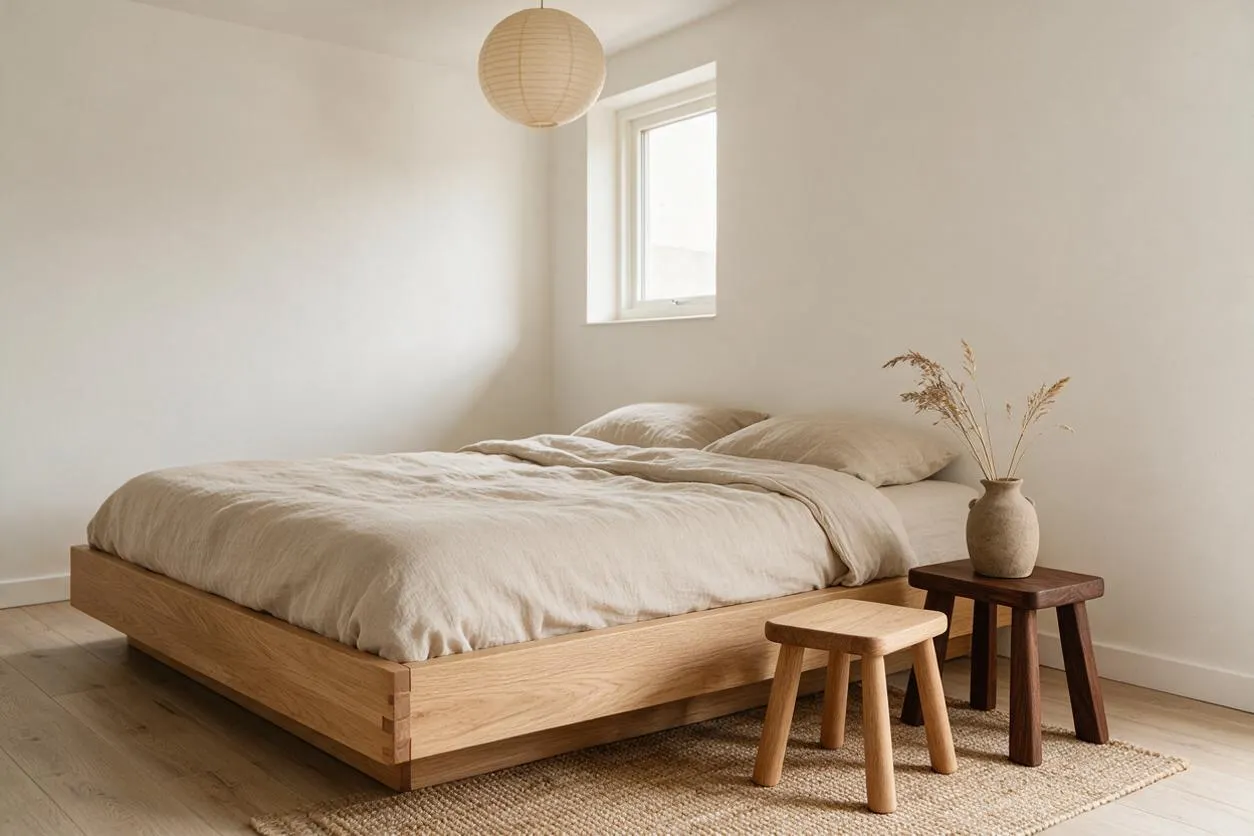 A serene Japandi-style bedroom with a low oak platform bed dressed in soft beige bedding, a paper pendant light, and two small wooden stools used as bedside tables. A woven rug, pale walls, and a simple vase with dried stems complete the calm, minimal composition.