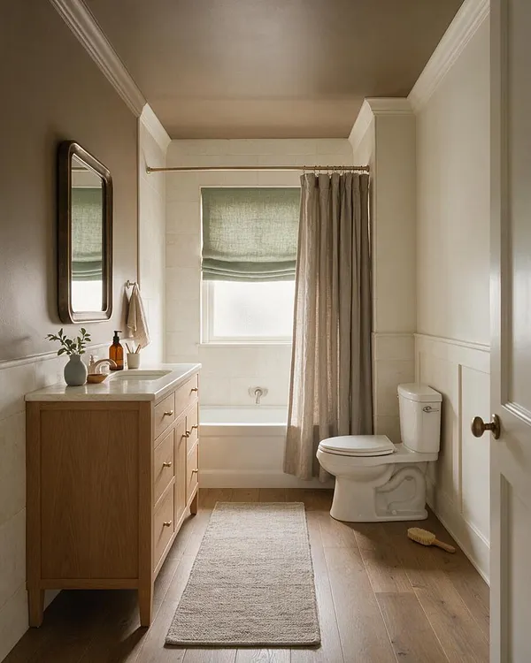 A narrow transitional master bathroom with a light wood vanity and white countertop on the left, a bathtub with a green Roman shade in the back, and a white toilet on the right. The room features beige walls, white wainscoting, crown molding, a long neutral runner, and soft natural light.