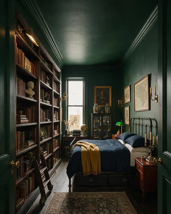 A narrow guest bedroom painted in deep green, with floor-to-ceiling bookshelves along one wall and a black metal bed frame on the opposite side. The room includes framed artwork, a green banker’s lamp, brass wall sconces, a patterned rug, and warm wood furniture, creating a moody Dark Academia atmosphere.