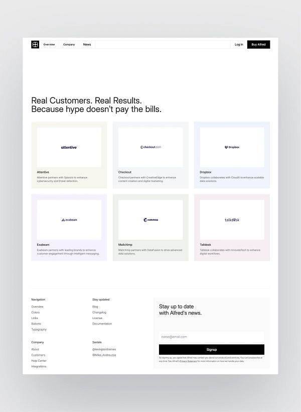 Screenshot of the Alfred SaaS marketing website template by Lexington Themes showcasing its minimalist homepage layout and features.