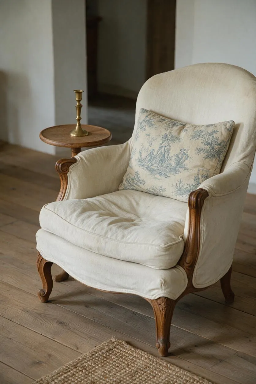 A cozy French Country corner features a cream upholstered bergère chair with carved wood arms and cabriole legs, paired with a toile-style decorative pillow. Beside it sits a small round wooden side table with a brass candlestick, all placed on weathered wide-plank wood floors against softly painted walls.