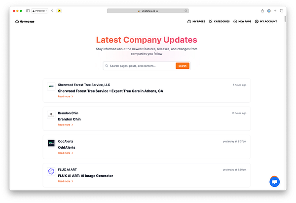 The image displays a redesigned homepage featuring the latest company updates and a search function.