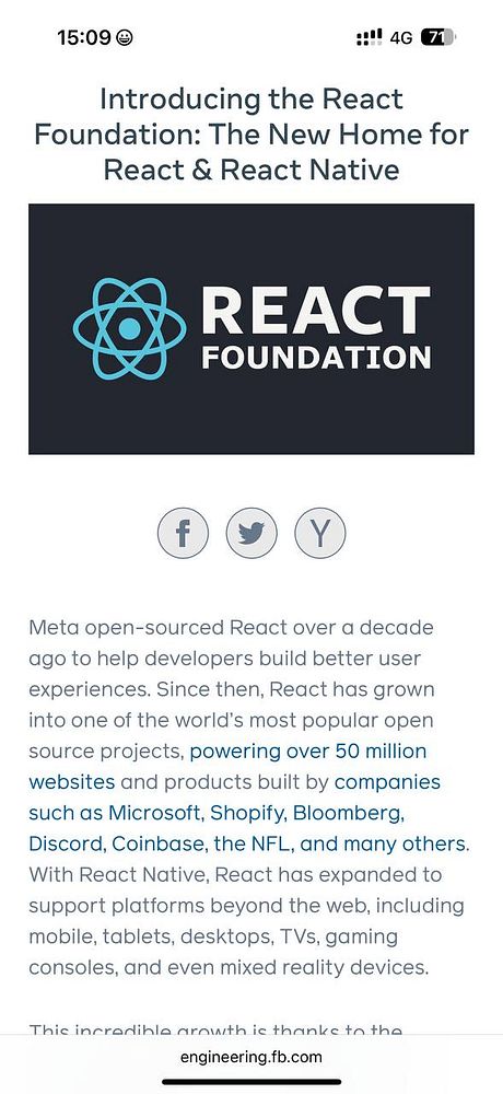 The image features an announcement about the React Foundation, highlighting its significance for React and React Native.