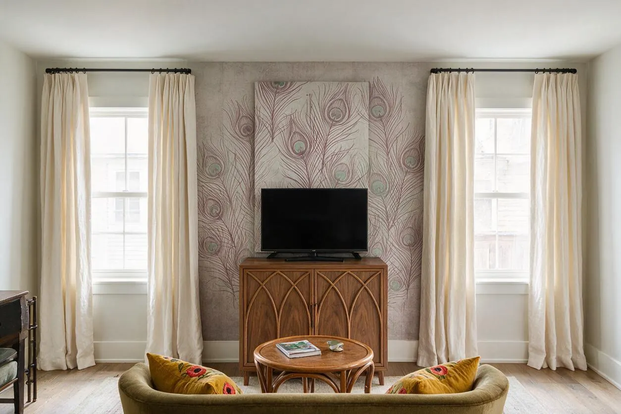 A bright media room with a centered flat-screen TV on a carved wooden cabinet, set against peacock-feather wallpaper in soft taupe and green. Cream curtains frame two tall windows, and a curved olive-green sofa with mustard pillows sits in front of a round wooden coffee table.
