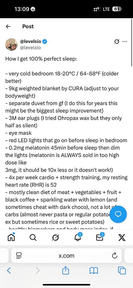 A Twitter post detailing tips for achieving perfect sleep.