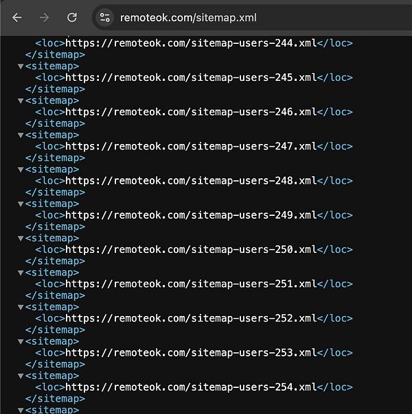 The image displays a portion of an XML sitemap from the website remoteok.com.