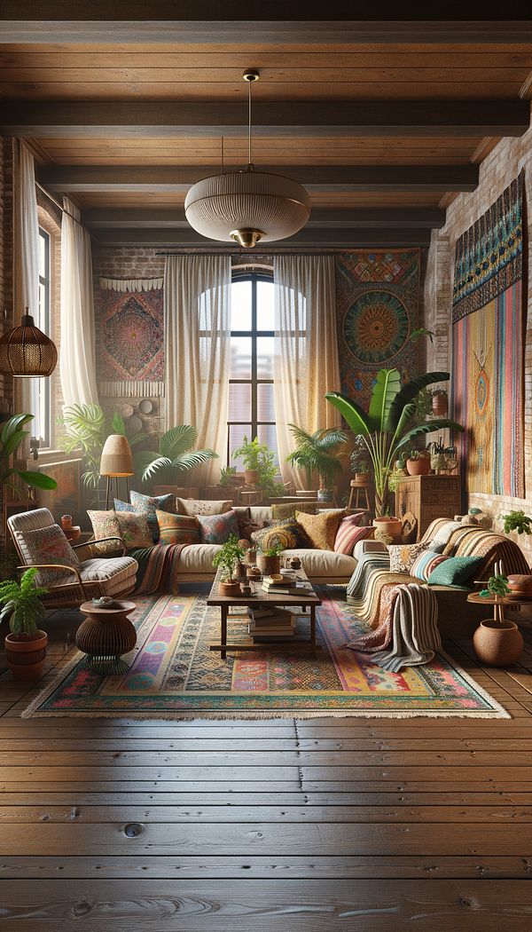 A cozy, Bohemian-style living room with an eclectic mix of vintage furniture, colorful textiles, and lots of plants.