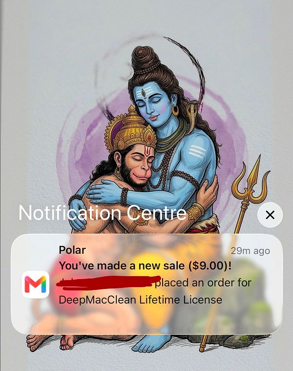 Notification of a $9.00 sale for DeepMacClean Lifetime License over a background illustration of Hindu deities Lord Shiva and Hanuman embracing.
