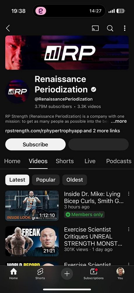 The image displays the YouTube channel interface for Renaissance Periodization, showcasing their video content and subscriber information.