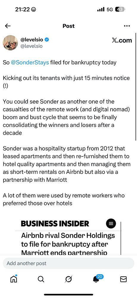 A social media post discussing Sonder's bankruptcy filing and its impact on remote work startups.