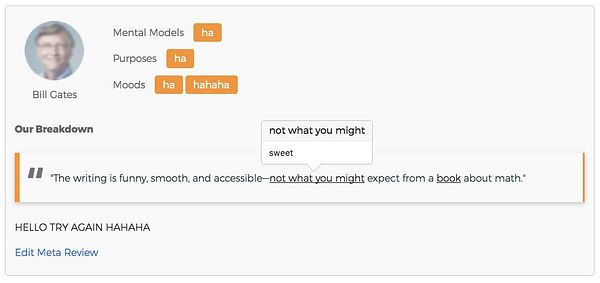 The image displays a user interface for a meta review tool featuring a breakdown of feedback from Bill Gates.