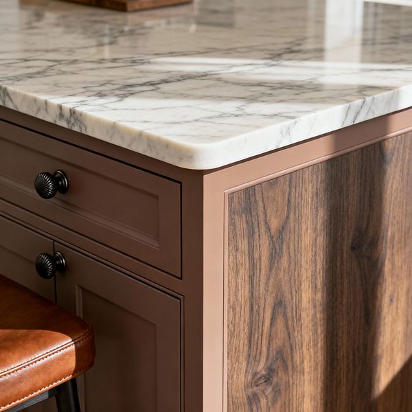 Close-up of a transitional kitchen island featuring a white marble countertop with gray veining and a softly rounded edge atop clay-brown Shaker drawers with reeded matte-black knobs. A walnut wood end panel framed to match the cabinetry and a cognac leather counter stool with black metal legs sit in warm natural light, emphasizing the mix of classic detailing and contemporary lines.