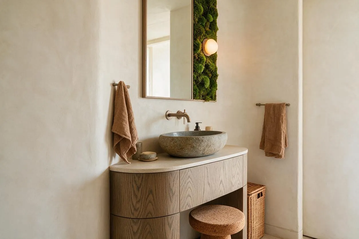 A serene master bathroom with a curved wood vanity, stone vessel sink, and brass wall faucet beneath a rectangular mirror. A vertical moss panel beside the mirror and soft beige walls create a natural biophilic look, while brown towels and woven storage add warmth and texture.
